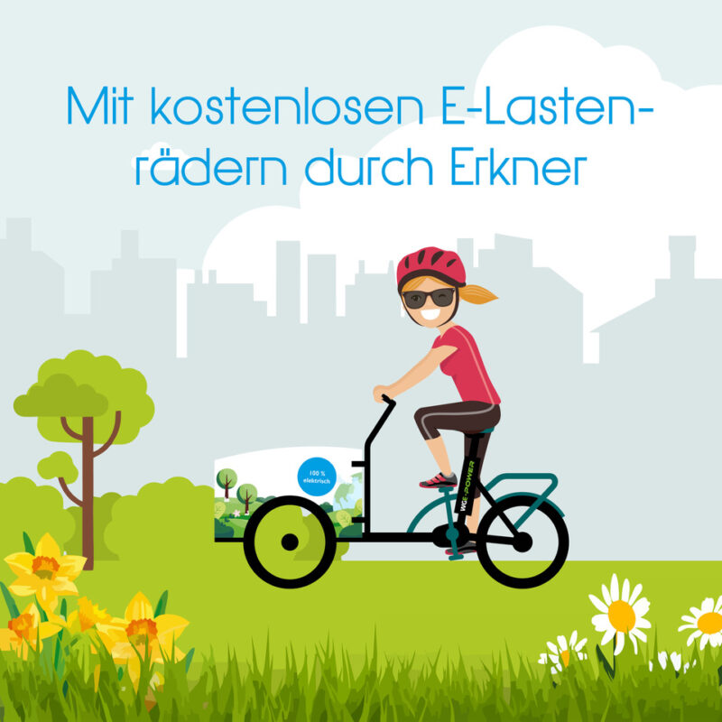 Illustration: Eine Person fährt mit einem elektrischen Lastenrad durch eine grüne Parklandschaft; im Hintergrund eine stilisierte Stadtsilhouette und der Text „Mit kostenlosen E-Lastenrädern durch Erkner“.