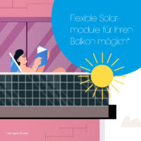 Illustrierte Szene: Person liest entspannt auf dem Balkon; am Geländer sind Solarmodule montiert, daneben eine Sonne-Icon-Grafik und der Text „Flexible Solar-module für Ihren Balkon möglich*“ mit Hinweis „* auf eigene Kosten“.