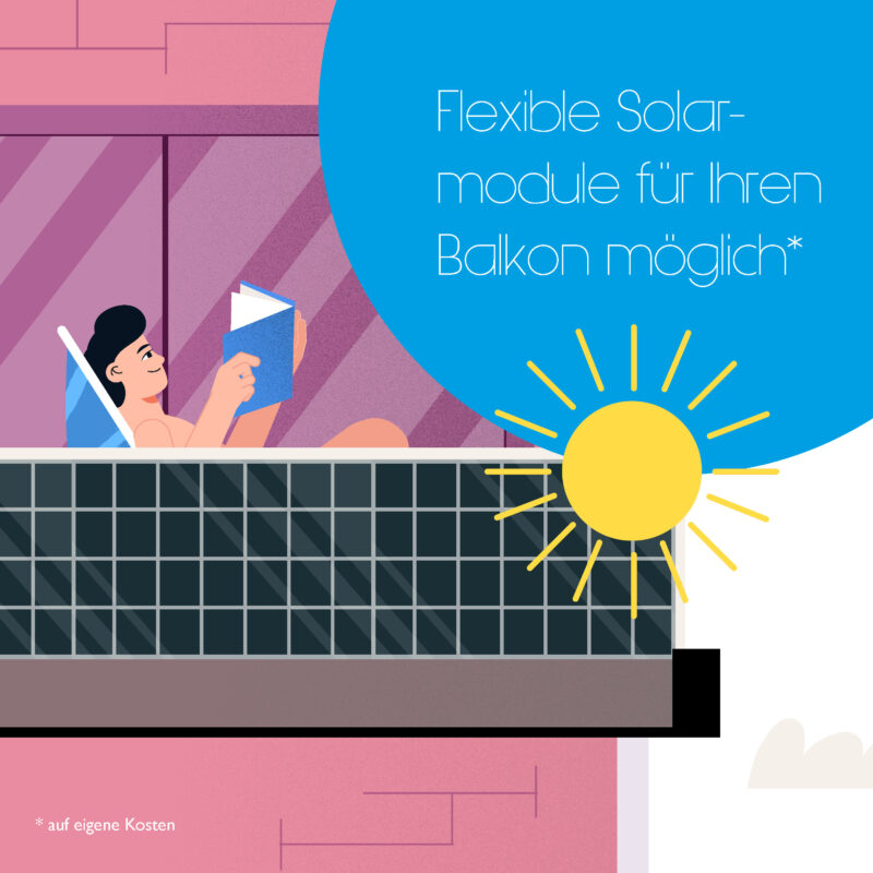 Illustrierte Szene: Person liest entspannt auf dem Balkon; am Geländer sind Solarmodule montiert, daneben eine Sonne-Icon-Grafik und der Text „Flexible Solar-module für Ihren Balkon möglich*“ mit Hinweis „* auf eigene Kosten“.
